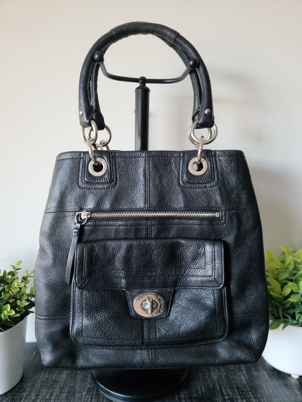 Coach Black Leather Hampton Turnlock Tote Handbag #F15694